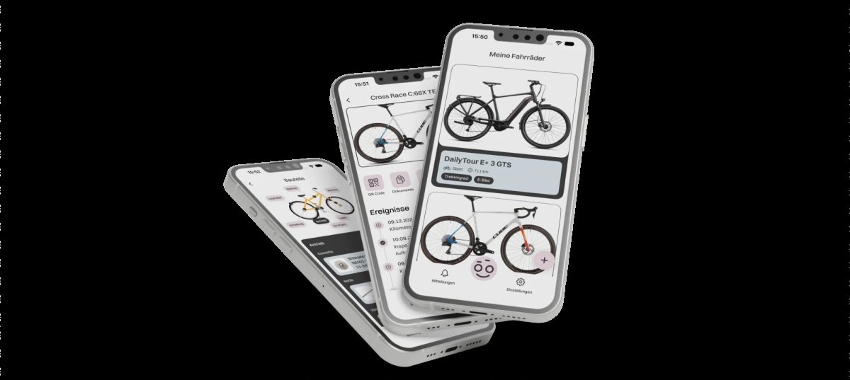 Die RadRoadie-App wird auf drei Smartphones angezeigt